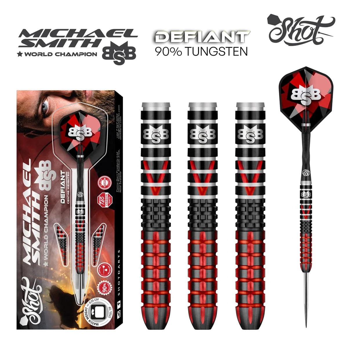 Michael Smith Defiant Steel Tip Dart Set-90% Tungsten Barrels